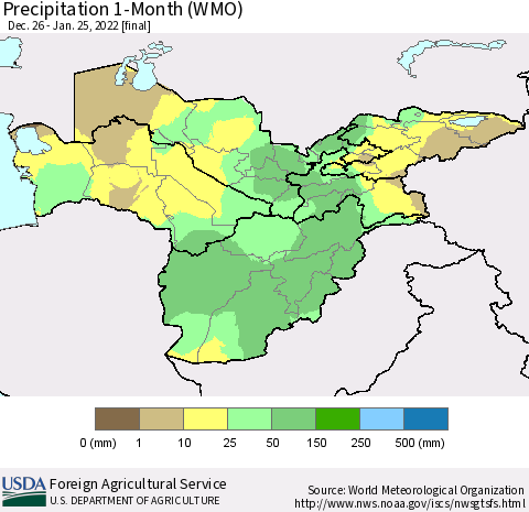 Central Asia Precipitation 1-Month (WMO) Thematic Map For 12/26/2021 - 1/25/2022