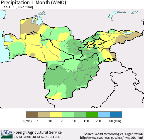 Central Asia Precipitation 1-Month (WMO) Thematic Map For 1/1/2022 - 1/31/2022