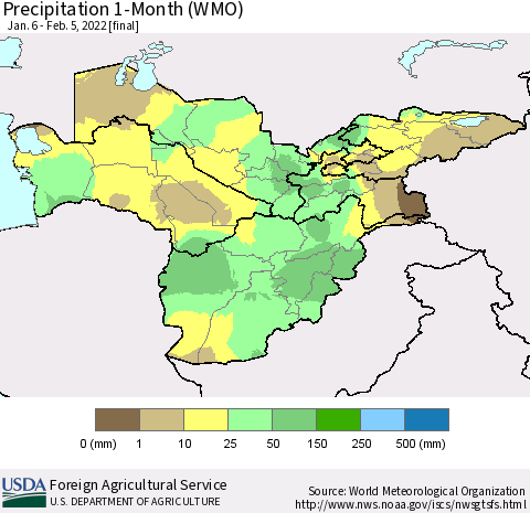 Central Asia Precipitation 1-Month (WMO) Thematic Map For 1/6/2022 - 2/5/2022