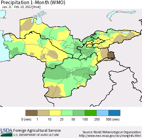 Central Asia Precipitation 1-Month (WMO) Thematic Map For 1/11/2022 - 2/10/2022