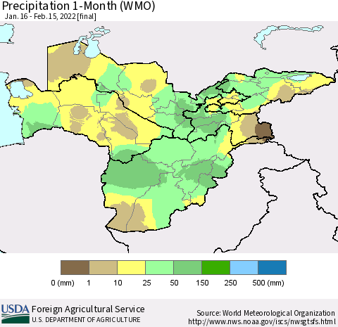 Central Asia Precipitation 1-Month (WMO) Thematic Map For 1/16/2022 - 2/15/2022