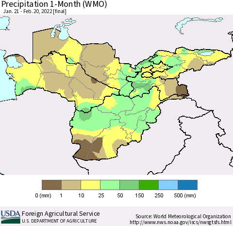 Central Asia Precipitation 1-Month (WMO) Thematic Map For 1/21/2022 - 2/20/2022