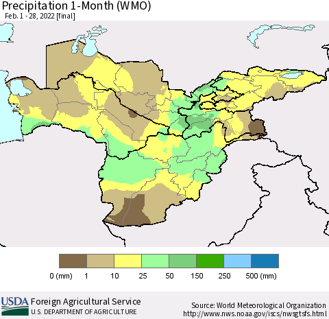 Central Asia Precipitation 1-Month (WMO) Thematic Map For 2/1/2022 - 2/28/2022