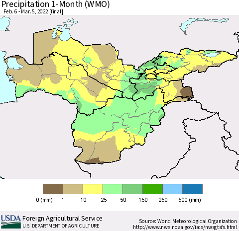 Central Asia Precipitation 1-Month (WMO) Thematic Map For 2/6/2022 - 3/5/2022