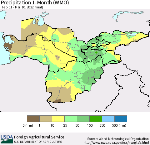 Central Asia Precipitation 1-Month (WMO) Thematic Map For 2/11/2022 - 3/10/2022