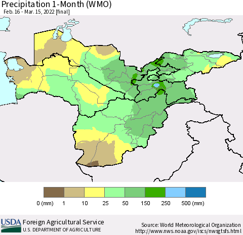 Central Asia Precipitation 1-Month (WMO) Thematic Map For 2/16/2022 - 3/15/2022