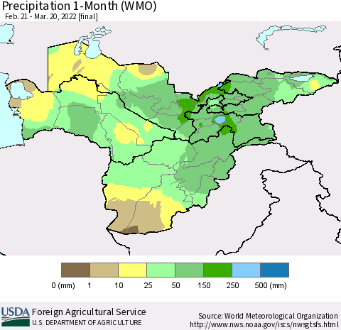 Central Asia Precipitation 1-Month (WMO) Thematic Map For 2/21/2022 - 3/20/2022