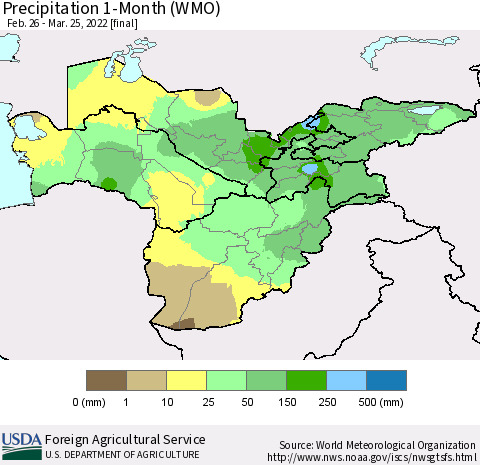 Central Asia Precipitation 1-Month (WMO) Thematic Map For 2/26/2022 - 3/25/2022