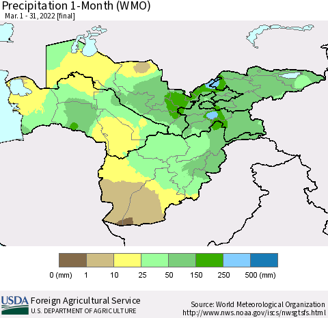 Central Asia Precipitation 1-Month (WMO) Thematic Map For 3/1/2022 - 3/31/2022