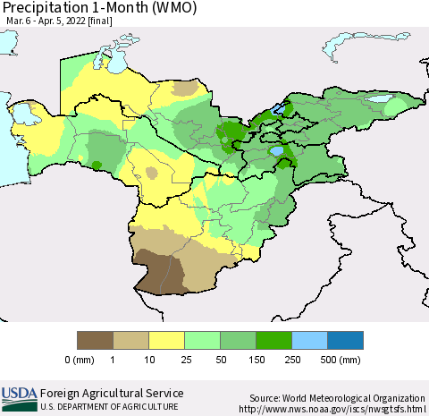 Central Asia Precipitation 1-Month (WMO) Thematic Map For 3/6/2022 - 4/5/2022