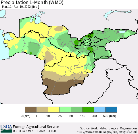 Central Asia Precipitation 1-Month (WMO) Thematic Map For 3/11/2022 - 4/10/2022