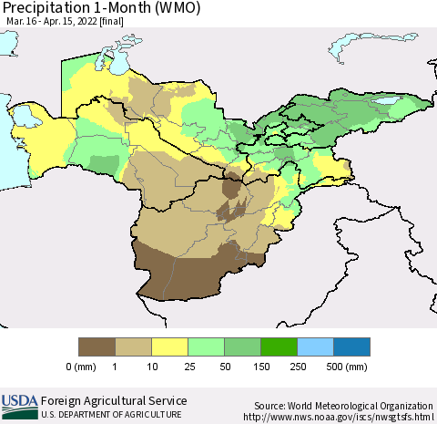 Central Asia Precipitation 1-Month (WMO) Thematic Map For 3/16/2022 - 4/15/2022