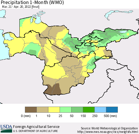 Central Asia Precipitation 1-Month (WMO) Thematic Map For 3/21/2022 - 4/20/2022