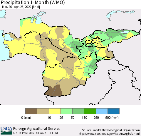 Central Asia Precipitation 1-Month (WMO) Thematic Map For 3/26/2022 - 4/25/2022