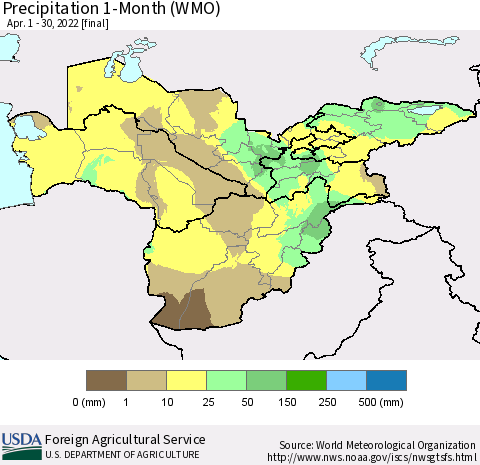 Central Asia Precipitation 1-Month (WMO) Thematic Map For 4/1/2022 - 4/30/2022