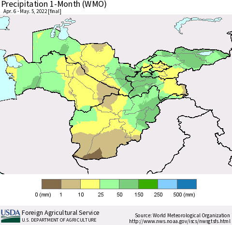 Central Asia Precipitation 1-Month (WMO) Thematic Map For 4/6/2022 - 5/5/2022