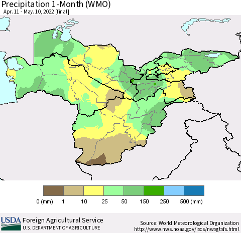 Central Asia Precipitation 1-Month (WMO) Thematic Map For 4/11/2022 - 5/10/2022