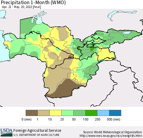 Central Asia Precipitation 1-Month (WMO) Thematic Map For 4/21/2022 - 5/20/2022