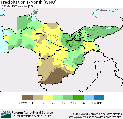 Central Asia Precipitation 1-Month (WMO) Thematic Map For 4/26/2022 - 5/25/2022