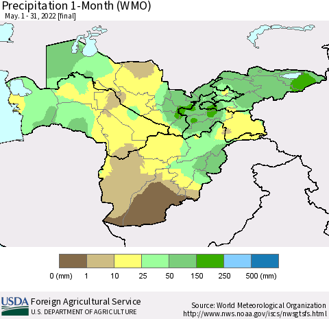 Central Asia Precipitation 1-Month (WMO) Thematic Map For 5/1/2022 - 5/31/2022