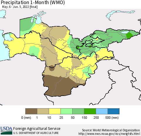 Central Asia Precipitation 1-Month (WMO) Thematic Map For 5/6/2022 - 6/5/2022