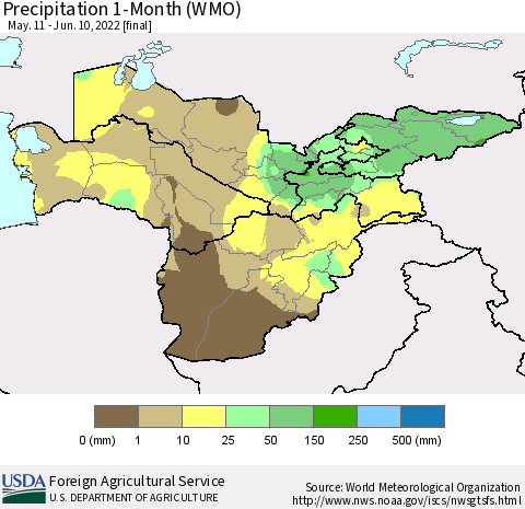 Central Asia Precipitation 1-Month (WMO) Thematic Map For 5/11/2022 - 6/10/2022