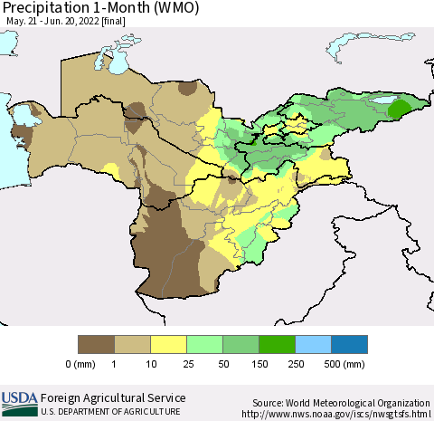 Central Asia Precipitation 1-Month (WMO) Thematic Map For 5/21/2022 - 6/20/2022