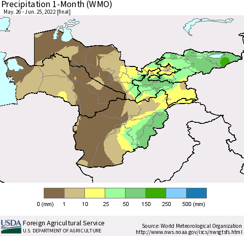 Central Asia Precipitation 1-Month (WMO) Thematic Map For 5/26/2022 - 6/25/2022