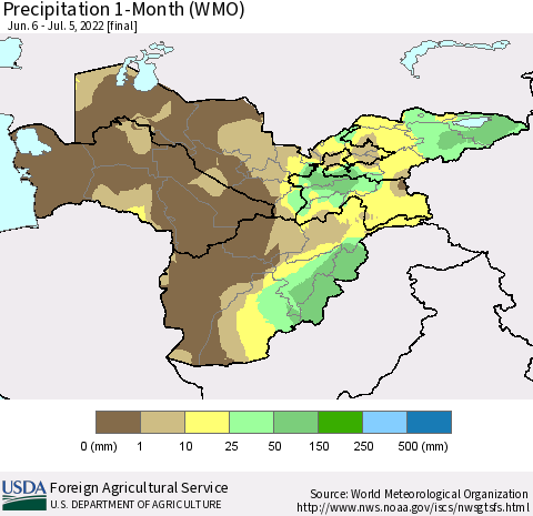 Central Asia Precipitation 1-Month (WMO) Thematic Map For 6/6/2022 - 7/5/2022