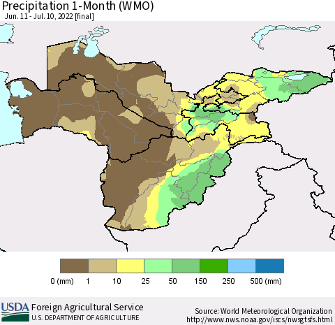 Central Asia Precipitation 1-Month (WMO) Thematic Map For 6/11/2022 - 7/10/2022