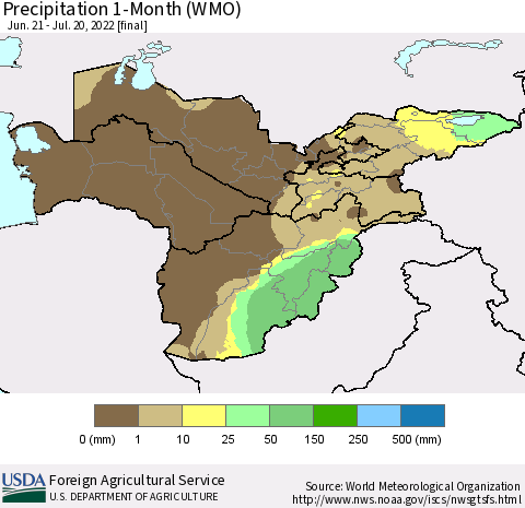 Central Asia Precipitation 1-Month (WMO) Thematic Map For 6/21/2022 - 7/20/2022