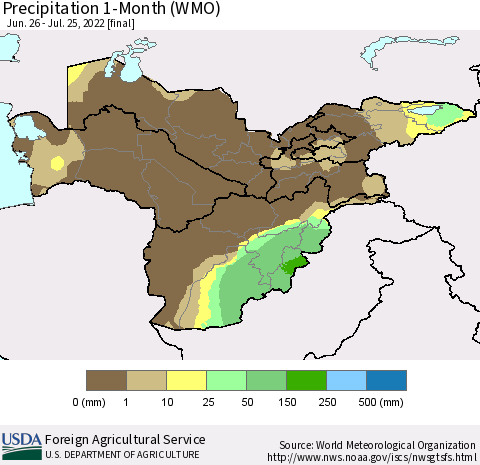 Central Asia Precipitation 1-Month (WMO) Thematic Map For 6/26/2022 - 7/25/2022