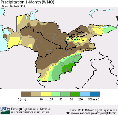 Central Asia Precipitation 1-Month (WMO) Thematic Map For 7/1/2022 - 7/31/2022