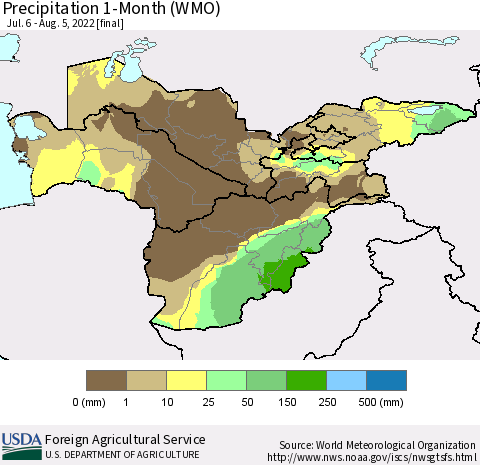 Central Asia Precipitation 1-Month (WMO) Thematic Map For 7/6/2022 - 8/5/2022
