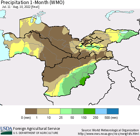 Central Asia Precipitation 1-Month (WMO) Thematic Map For 7/11/2022 - 8/10/2022