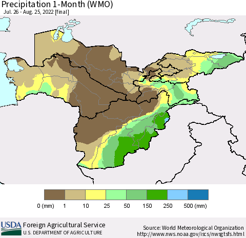 Central Asia Precipitation 1-Month (WMO) Thematic Map For 7/26/2022 - 8/25/2022