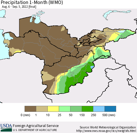 Central Asia Precipitation 1-Month (WMO) Thematic Map For 8/6/2022 - 9/5/2022