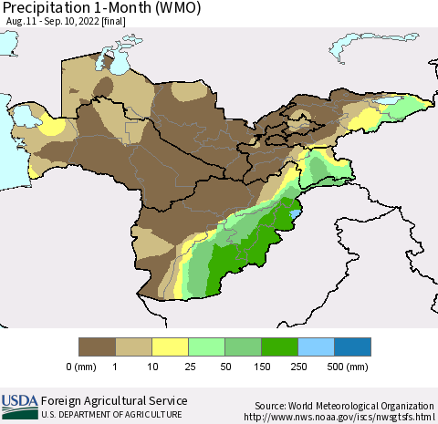 Central Asia Precipitation 1-Month (WMO) Thematic Map For 8/11/2022 - 9/10/2022
