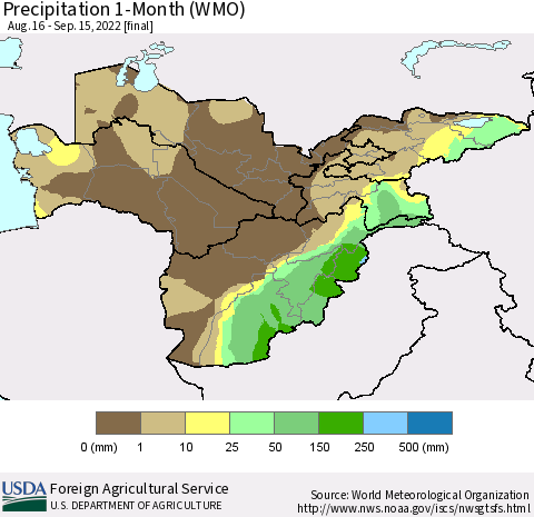Central Asia Precipitation 1-Month (WMO) Thematic Map For 8/16/2022 - 9/15/2022