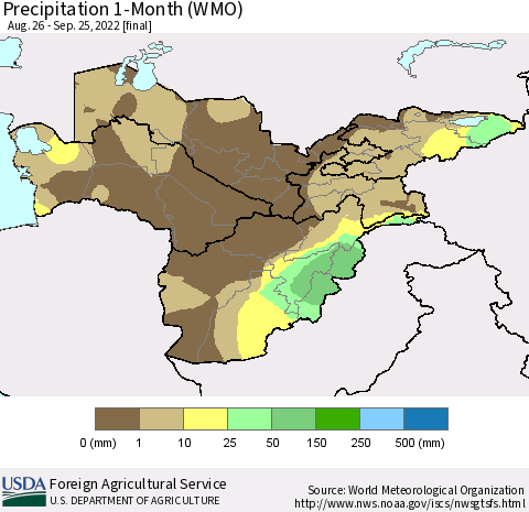 Central Asia Precipitation 1-Month (WMO) Thematic Map For 8/26/2022 - 9/25/2022