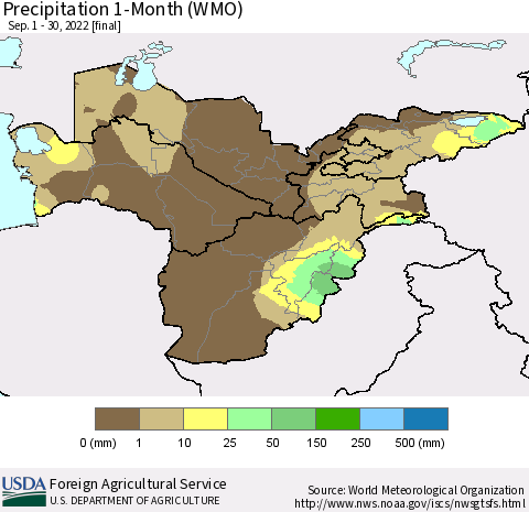 Central Asia Precipitation 1-Month (WMO) Thematic Map For 9/1/2022 - 9/30/2022