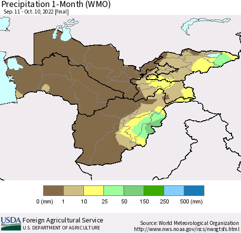 Central Asia Precipitation 1-Month (WMO) Thematic Map For 9/11/2022 - 10/10/2022