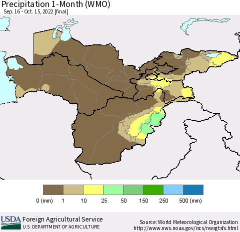Central Asia Precipitation 1-Month (WMO) Thematic Map For 9/16/2022 - 10/15/2022