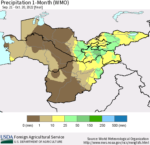 Central Asia Precipitation 1-Month (WMO) Thematic Map For 9/21/2022 - 10/20/2022