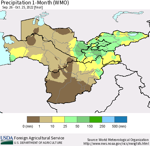 Central Asia Precipitation 1-Month (WMO) Thematic Map For 9/26/2022 - 10/25/2022