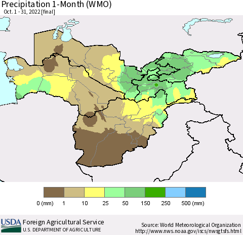 Central Asia Precipitation 1-Month (WMO) Thematic Map For 10/1/2022 - 10/31/2022