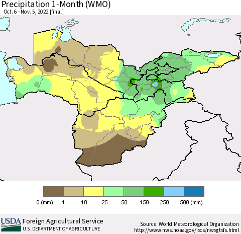 Central Asia Precipitation 1-Month (WMO) Thematic Map For 10/6/2022 - 11/5/2022