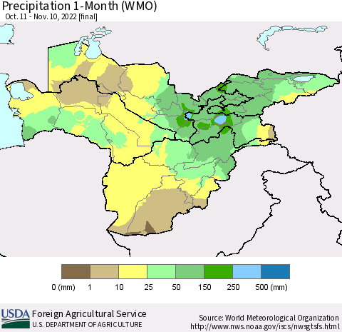 Central Asia Precipitation 1-Month (WMO) Thematic Map For 10/11/2022 - 11/10/2022