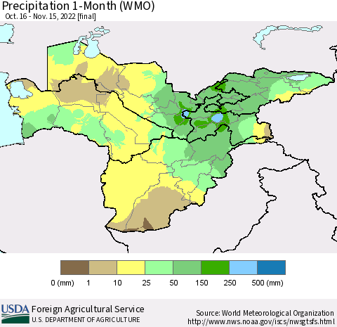 Central Asia Precipitation 1-Month (WMO) Thematic Map For 10/16/2022 - 11/15/2022