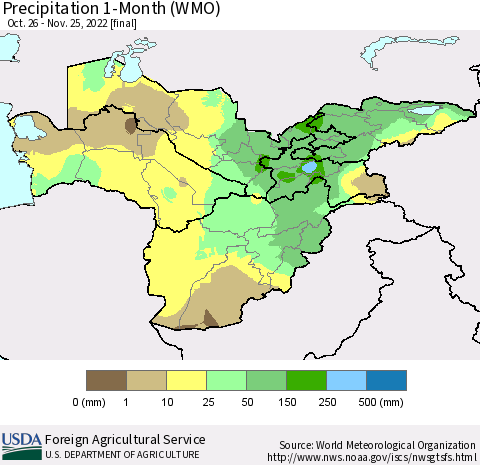 Central Asia Precipitation 1-Month (WMO) Thematic Map For 10/26/2022 - 11/25/2022